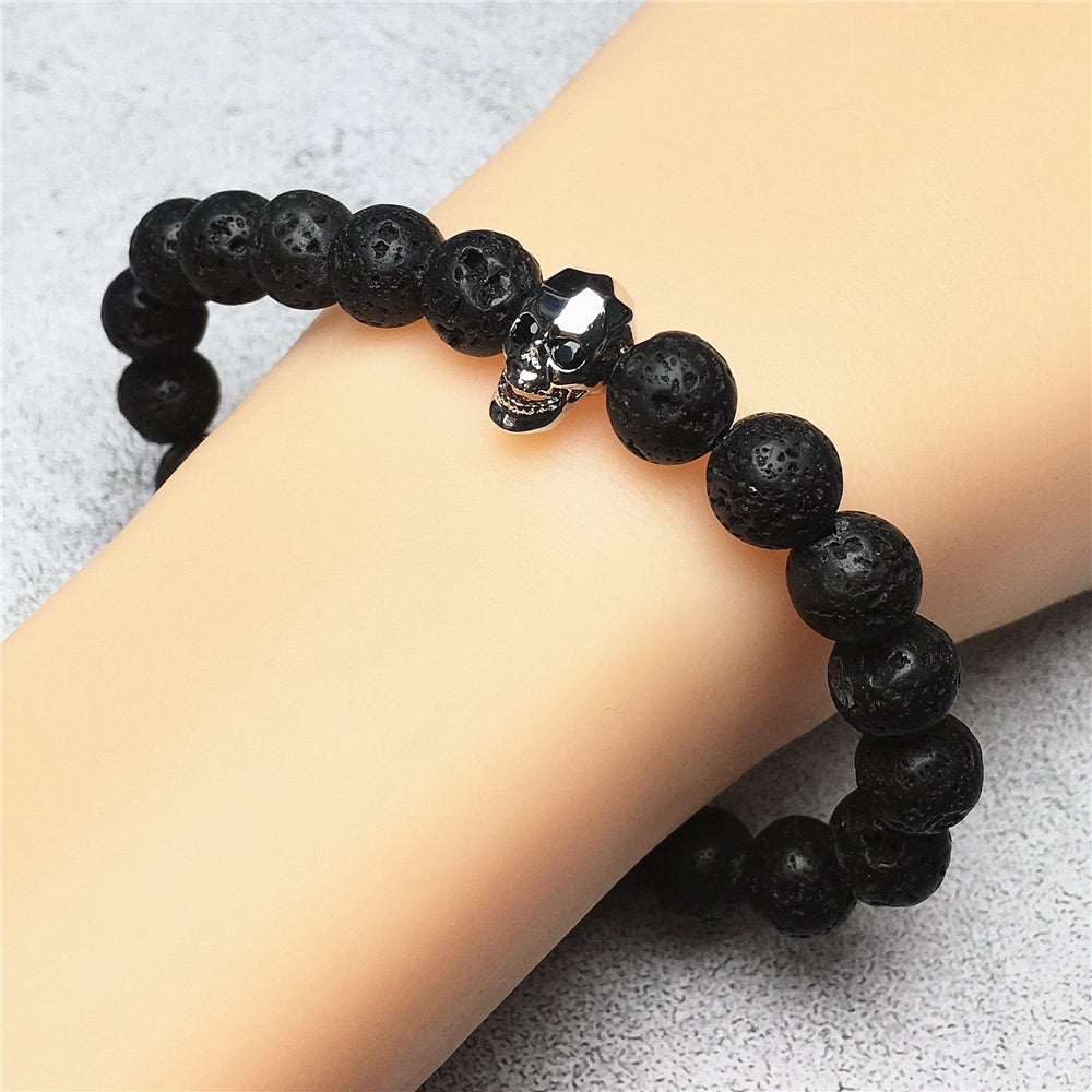 Natural Black Earthmined Lava Rock Lucky Stone Skinny Skull Spiritual Beads Bracelet