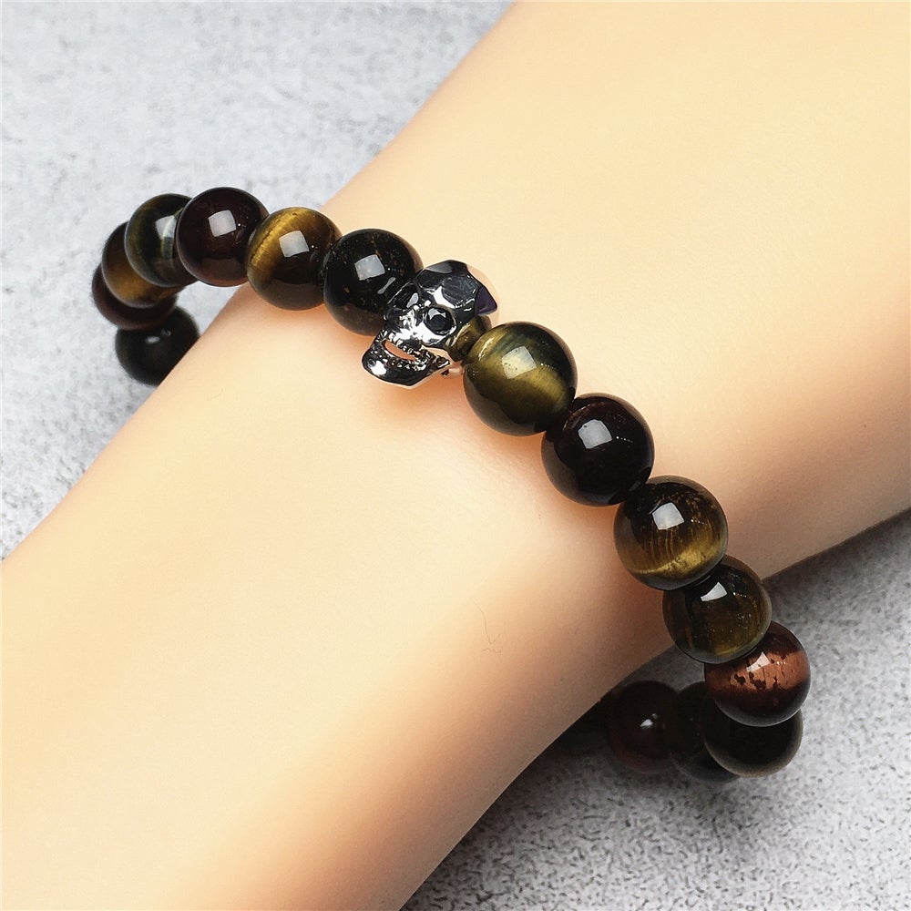 Multi Color Tigereye Gemstone Skinny Skull Charm Beaded Stretch Bracelet