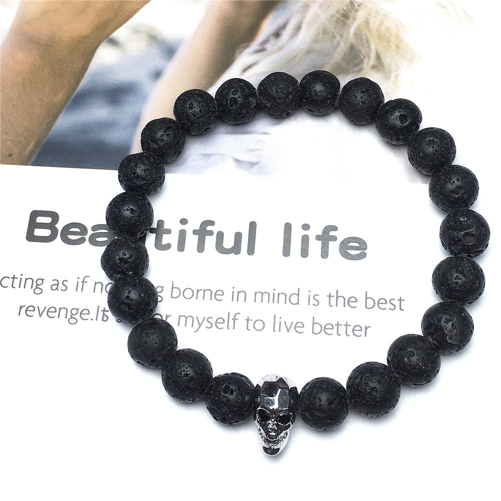 Natural Black Earthmined Lava Rock Lucky Stone Skinny Skull Spiritual Beads Bracelet