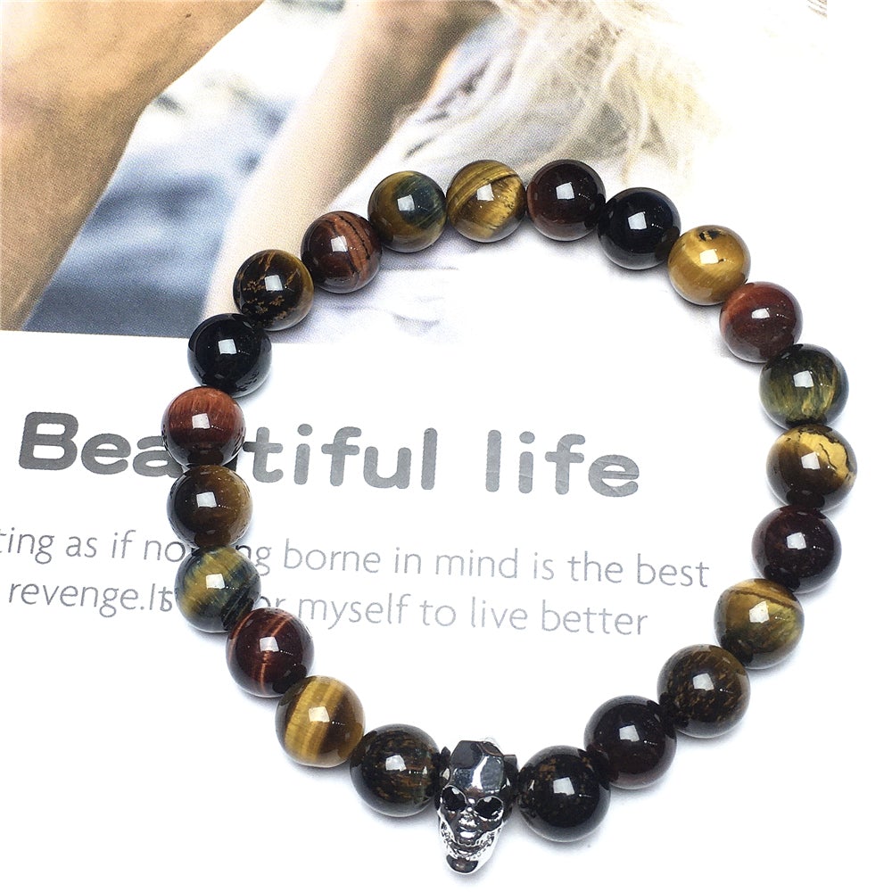 Multi Color Tigereye Gemstone Skinny Skull Charm Beaded Stretch Bracelet