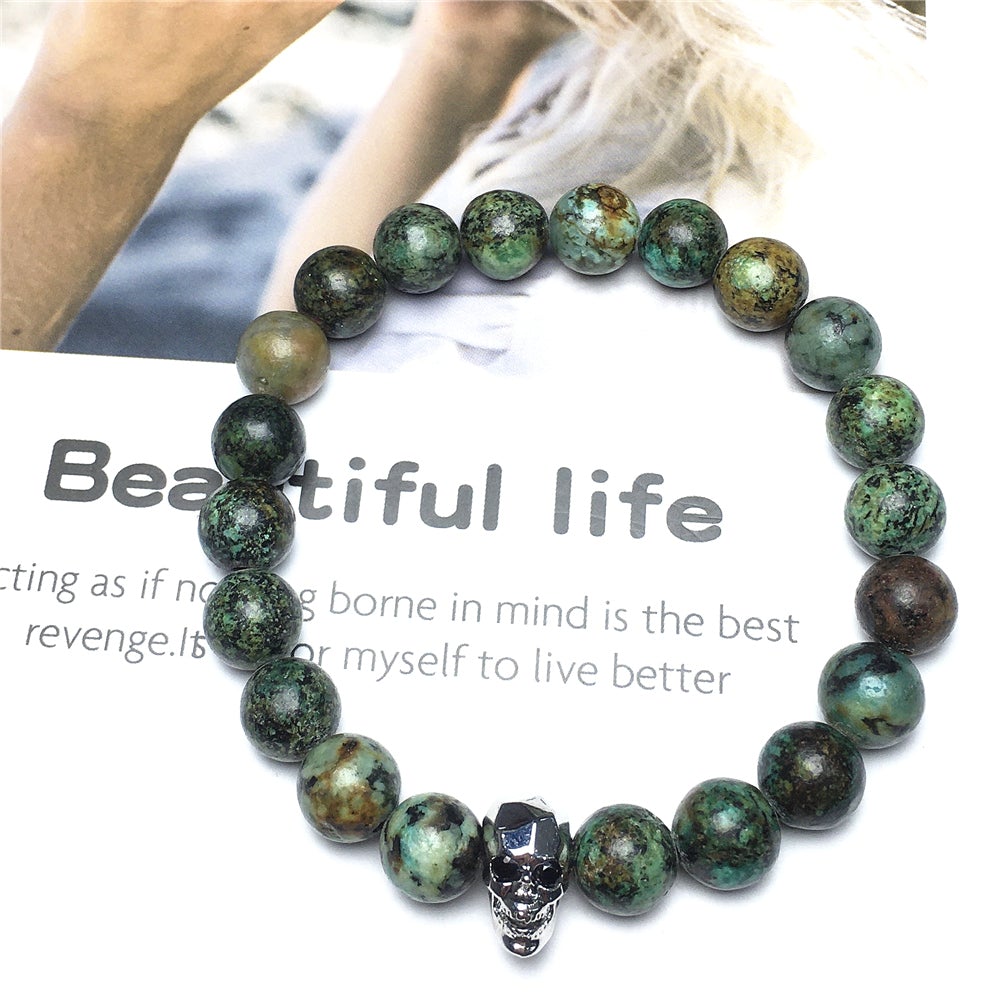 African Turqoiuse Gemstone Skinny Skull Charm Beaded Stretch Bracelet