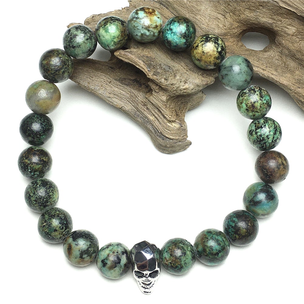 African Turqoiuse Gemstone Skinny Skull Charm Beaded Stretch Bracelet