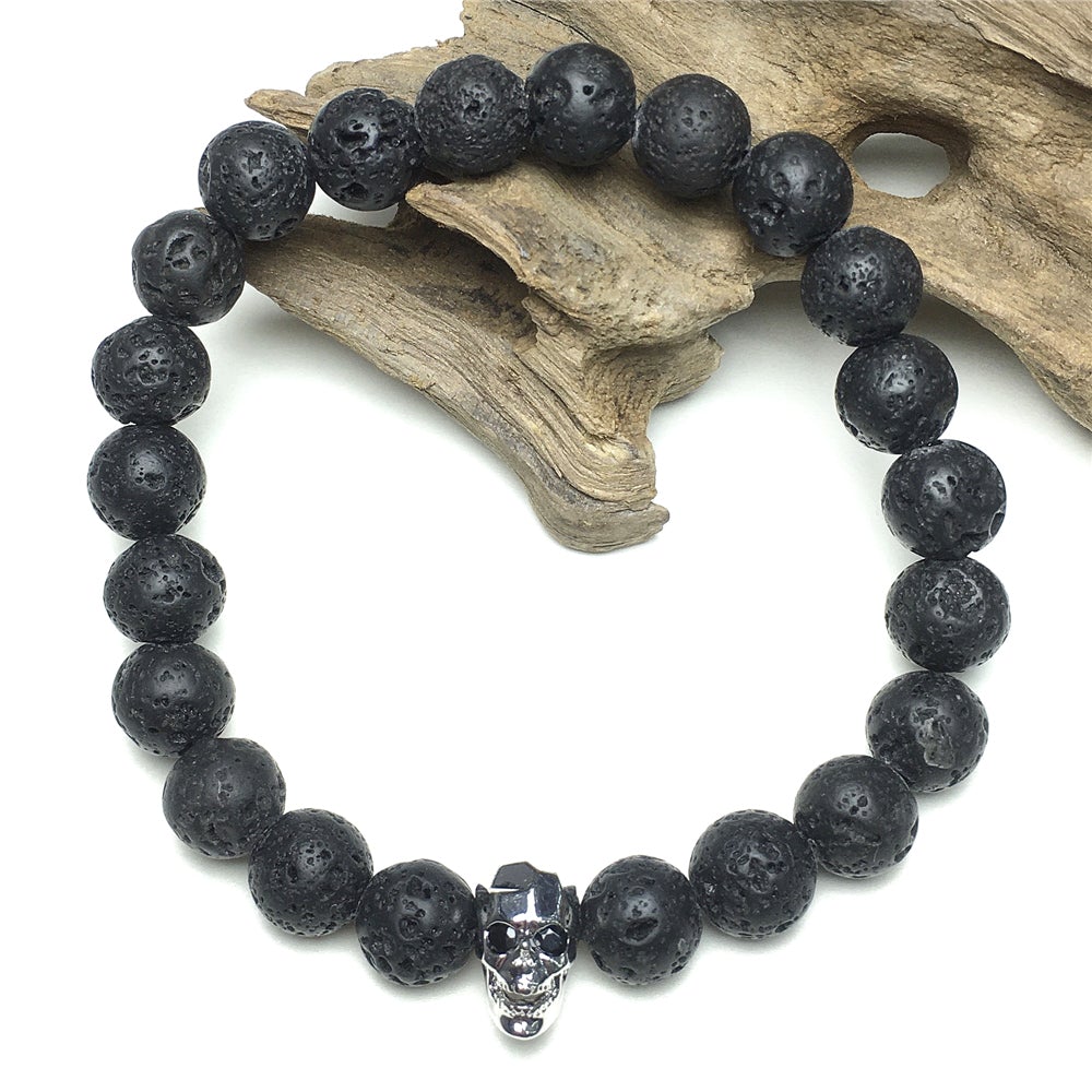Natural Black Earthmined Lava Rock Lucky Stone Skinny Skull Spiritual Beads Bracelet
