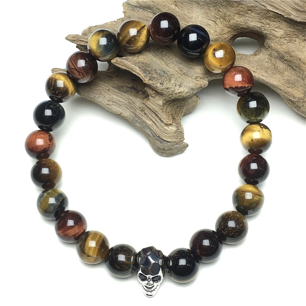Multi Color Tigereye Gemstone Skinny Skull Charm Beaded Stretch Bracelet