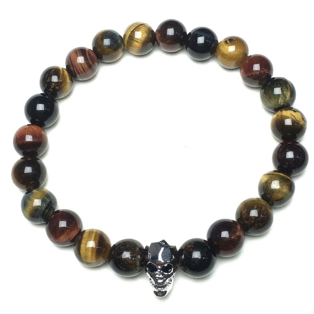 Multi Color Tigereye Gemstone Skinny Skull Charm Beaded Stretch Bracelet