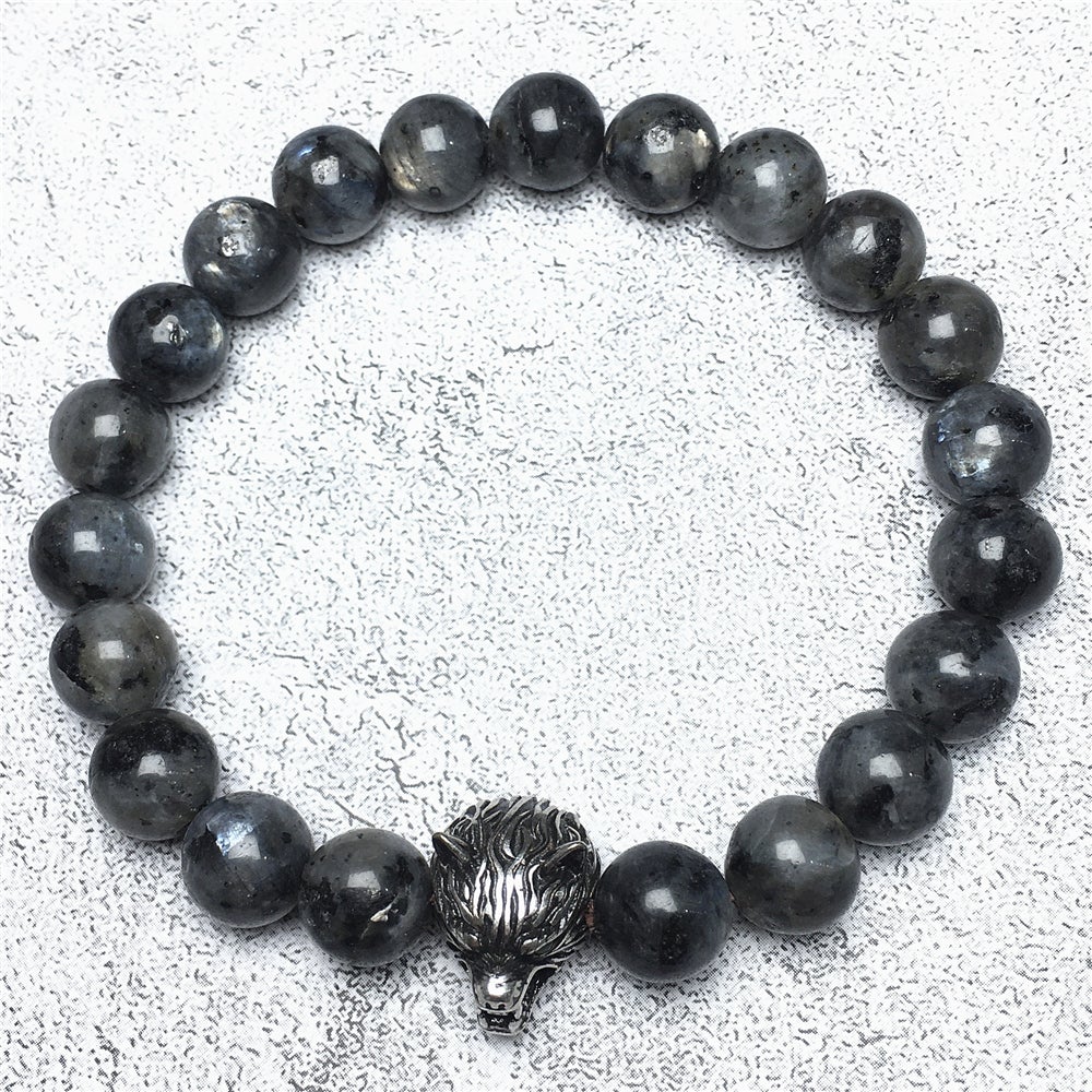 Natural Labradorite Gemstone with Wolf Charm Spacer Bracelets Elastic Stretch Bracelet