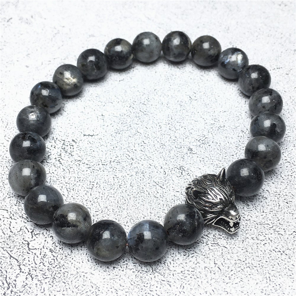 Natural Labradorite Gemstone with Wolf Charm Spacer Bracelets Elastic Stretch Bracelet