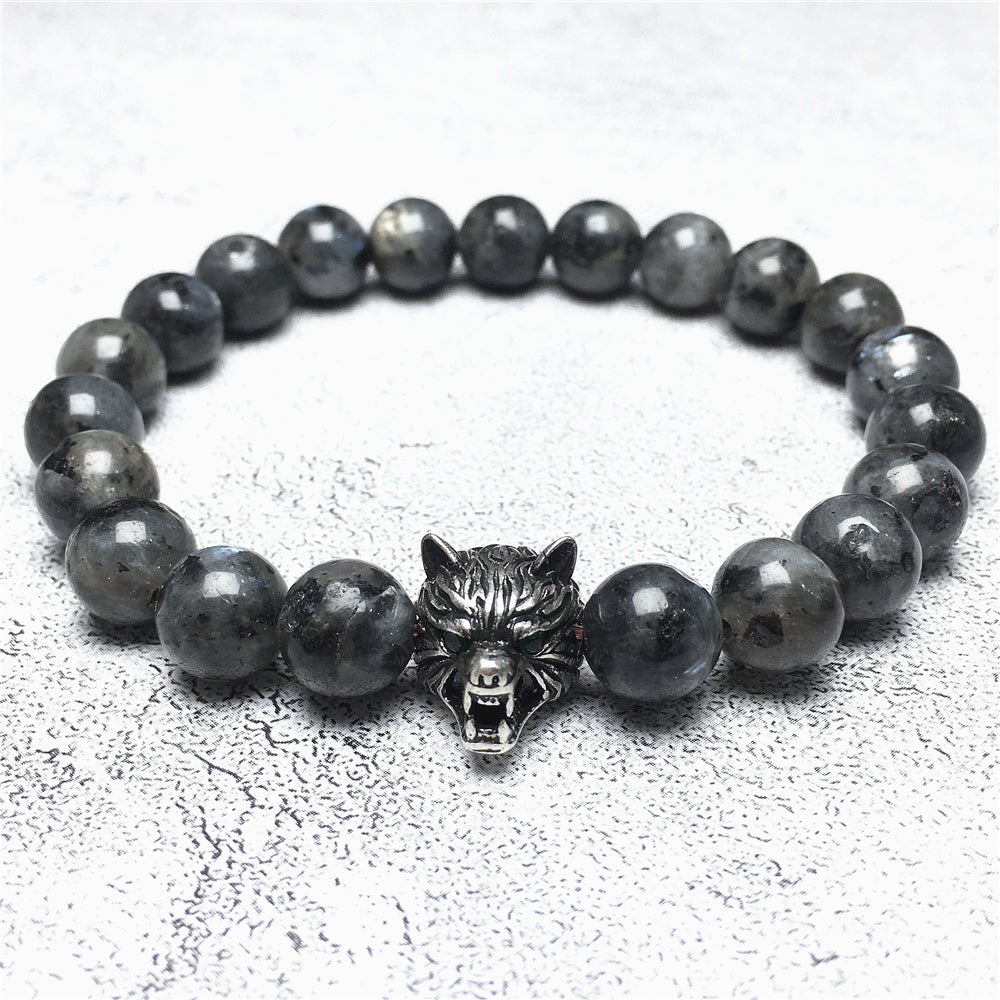 Natural Labradorite Gemstone with Wolf Charm Spacer Bracelets Elastic Stretch Bracelet