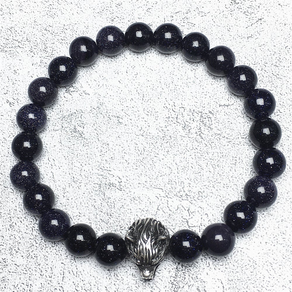 Natural Blue Sandstone Gemstone with Wolf Charm Spacer Bracelets Elastic Stretch Bracelet