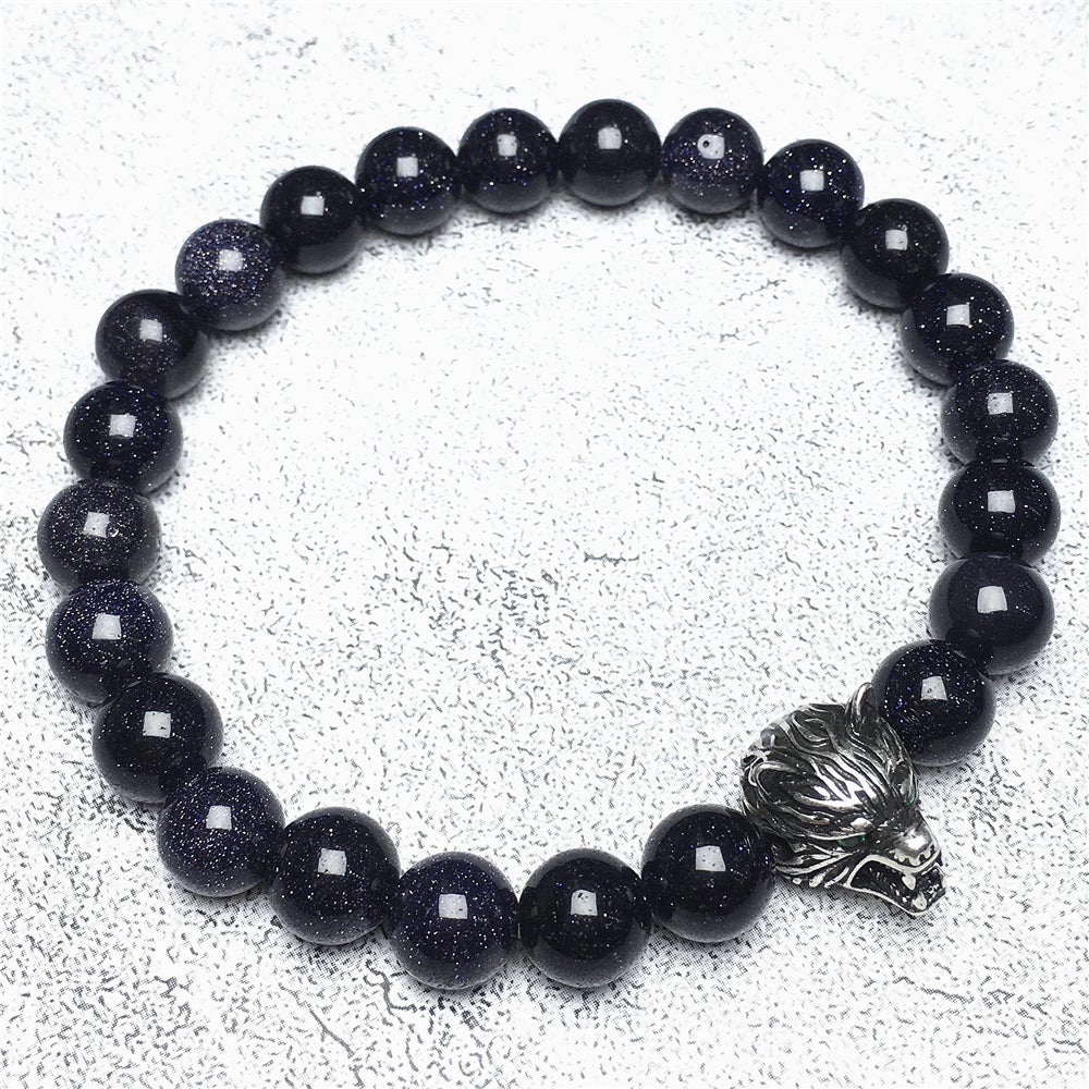 Natural Blue Sandstone Gemstone with Wolf Charm Spacer Bracelets Elastic Stretch Bracelet
