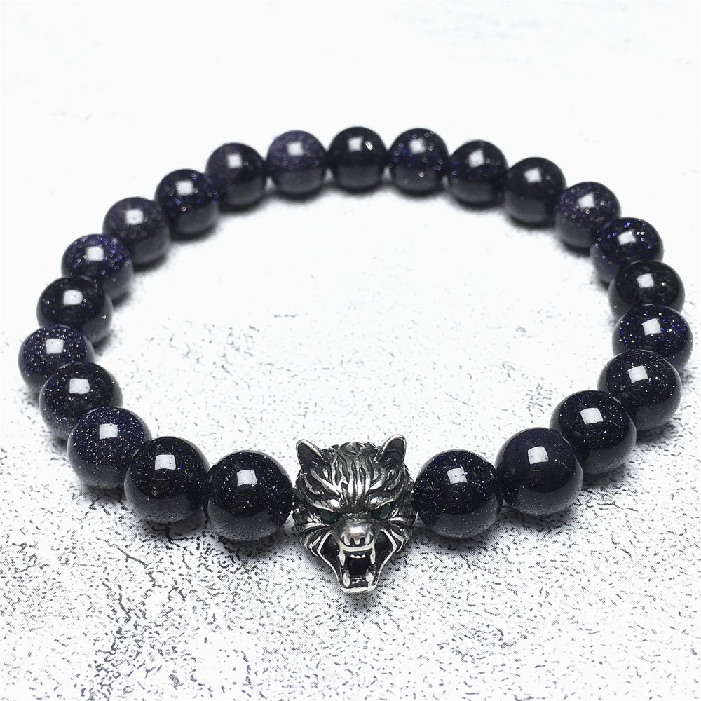 Natural Blue Sandstone Gemstone with Wolf Charm Spacer Bracelets Elastic Stretch Bracelet