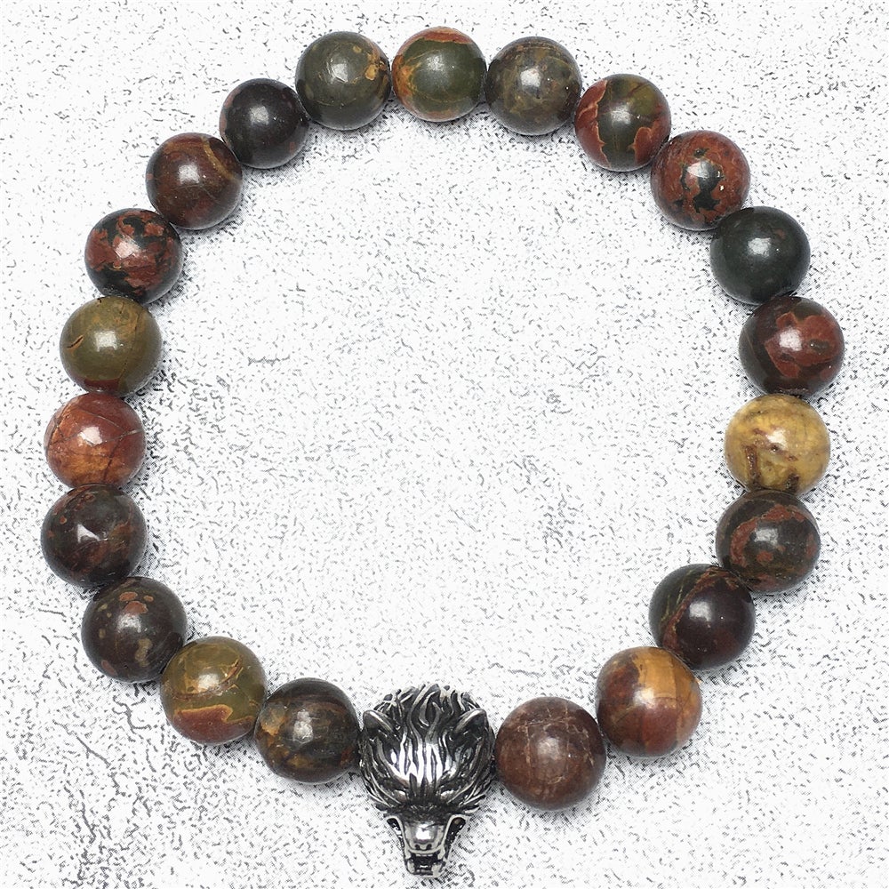Natural Picasso Jasper Gemstone with Wolf Charm Spacer Bracelets Elastic Stretch Bracelet