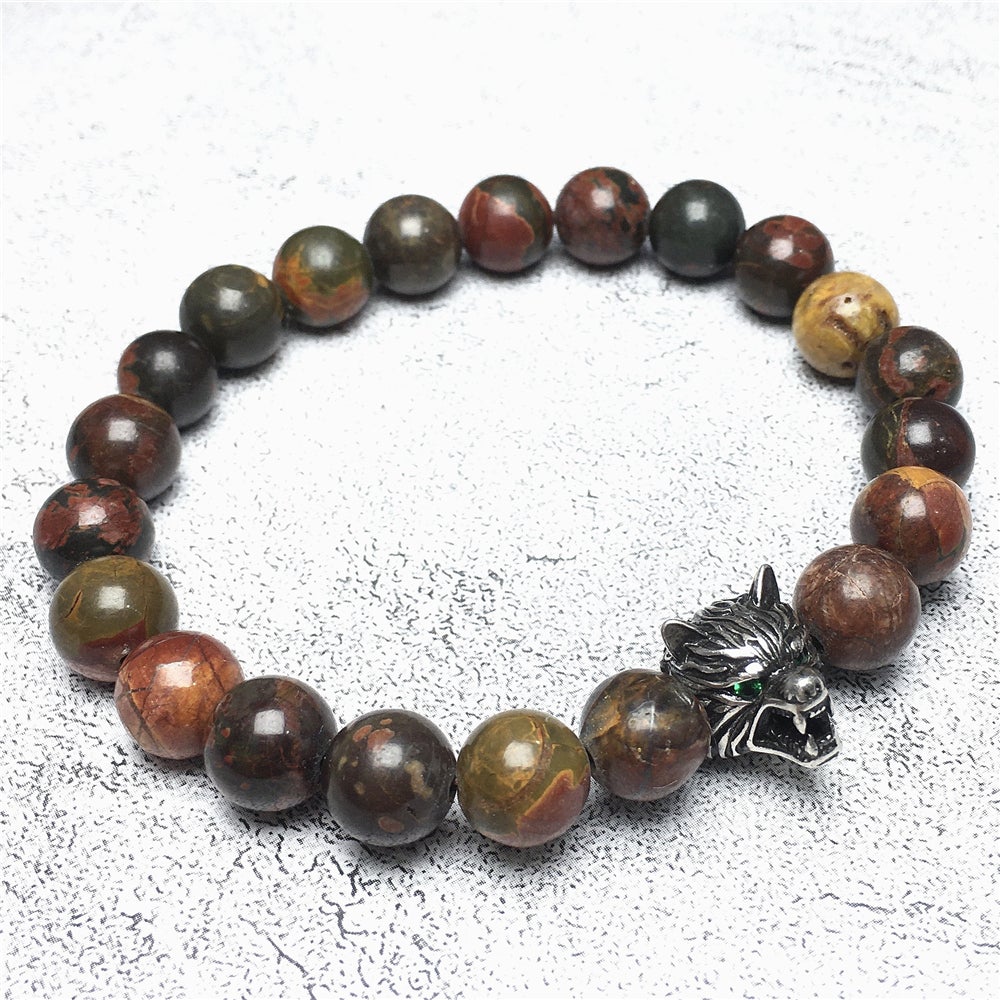 Natural Picasso Jasper Gemstone with Wolf Charm Spacer Bracelets Elastic Stretch Bracelet