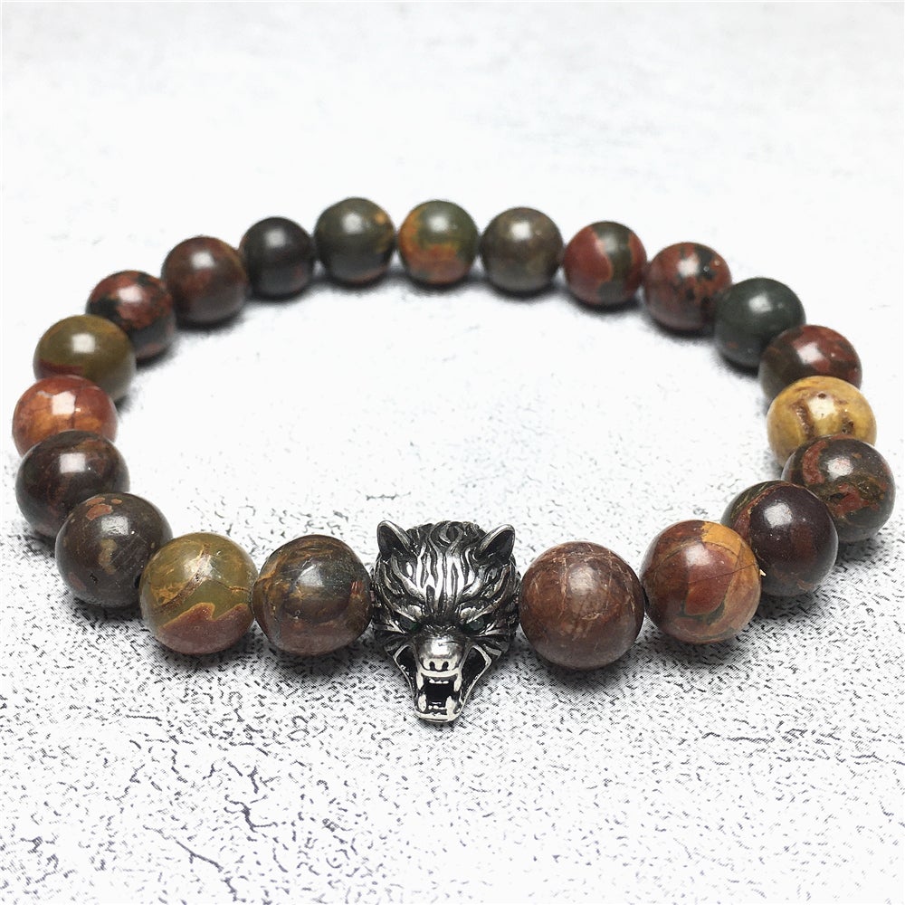 Natural Picasso Jasper Gemstone with Wolf Charm Spacer Bracelets Elastic Stretch Bracelet