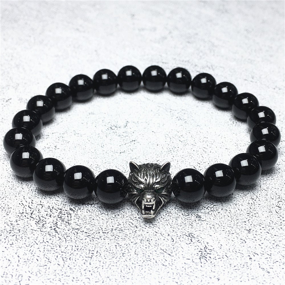 Natural Black Onyx Gemstone with Wolf Charm Bracelets Elastic Jewelry