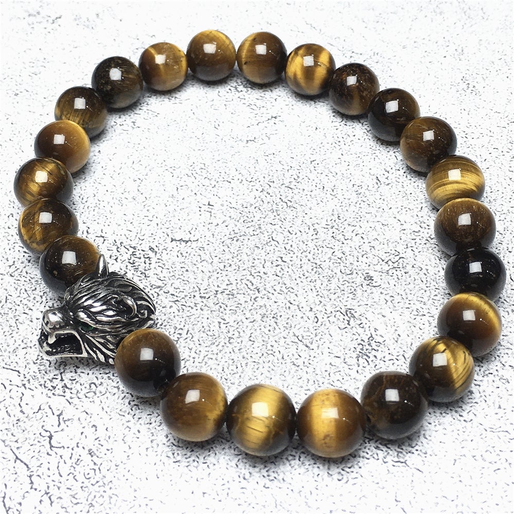 Natural Tiger Eyes Gemstone with Wolf Charm Spacer Bracelets Elastic Stretch Bracelet