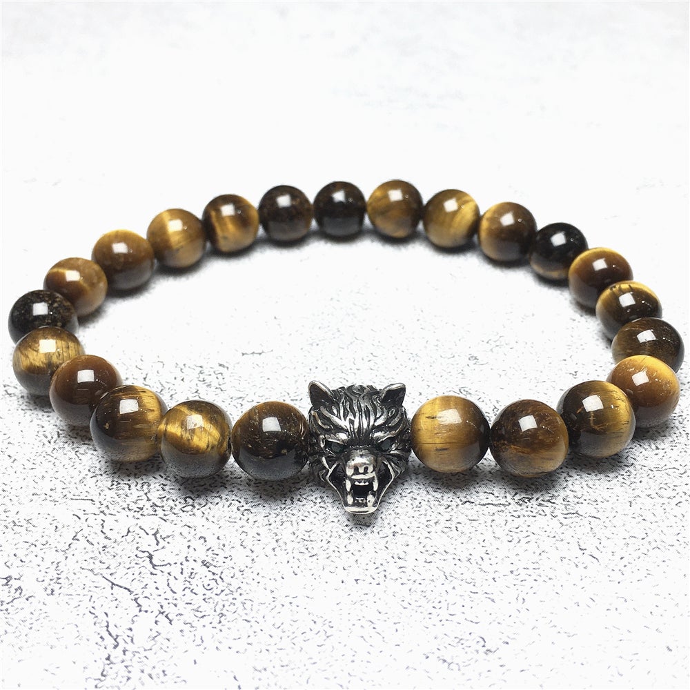 Natural Tiger Eyes Gemstone with Wolf Charm Spacer Bracelets Elastic Stretch Bracelet