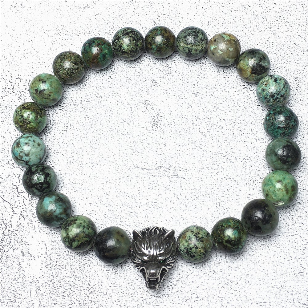 Natural African Turquoise Gemstone with Wolf Charm Spacer Bracelets Elastic Stretch Bracelet