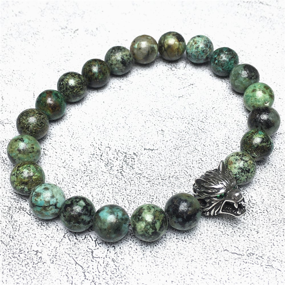 Natural African Turquoise Gemstone with Wolf Charm Spacer Bracelets Elastic Stretch Bracelet