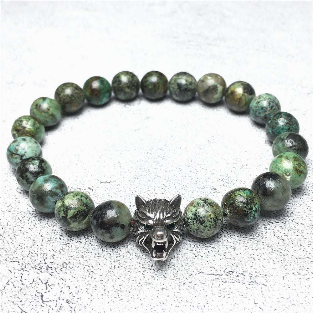 Natural African Turquoise Gemstone with Wolf Charm Spacer Bracelets Elastic Stretch Bracelet