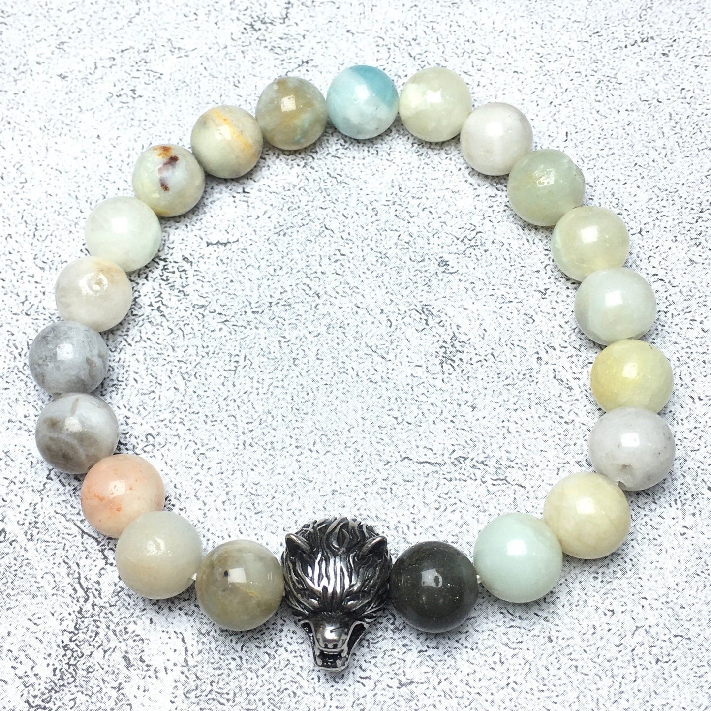 Natural Amazonite Gemstone with Wolf Charm Spacer Bracelets Elastic Stretch Bracelet
