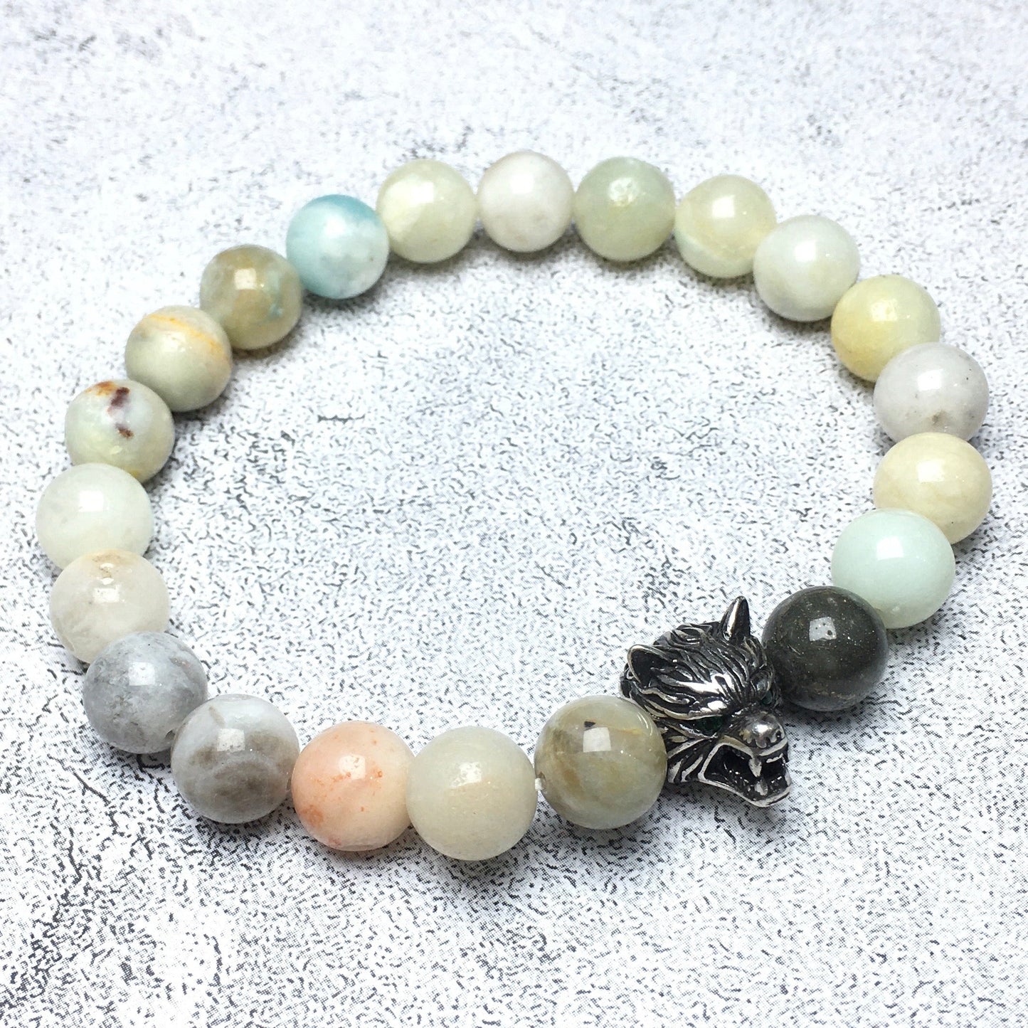 Natural Amazonite Gemstone with Wolf Charm Spacer Bracelets Elastic Stretch Bracelet