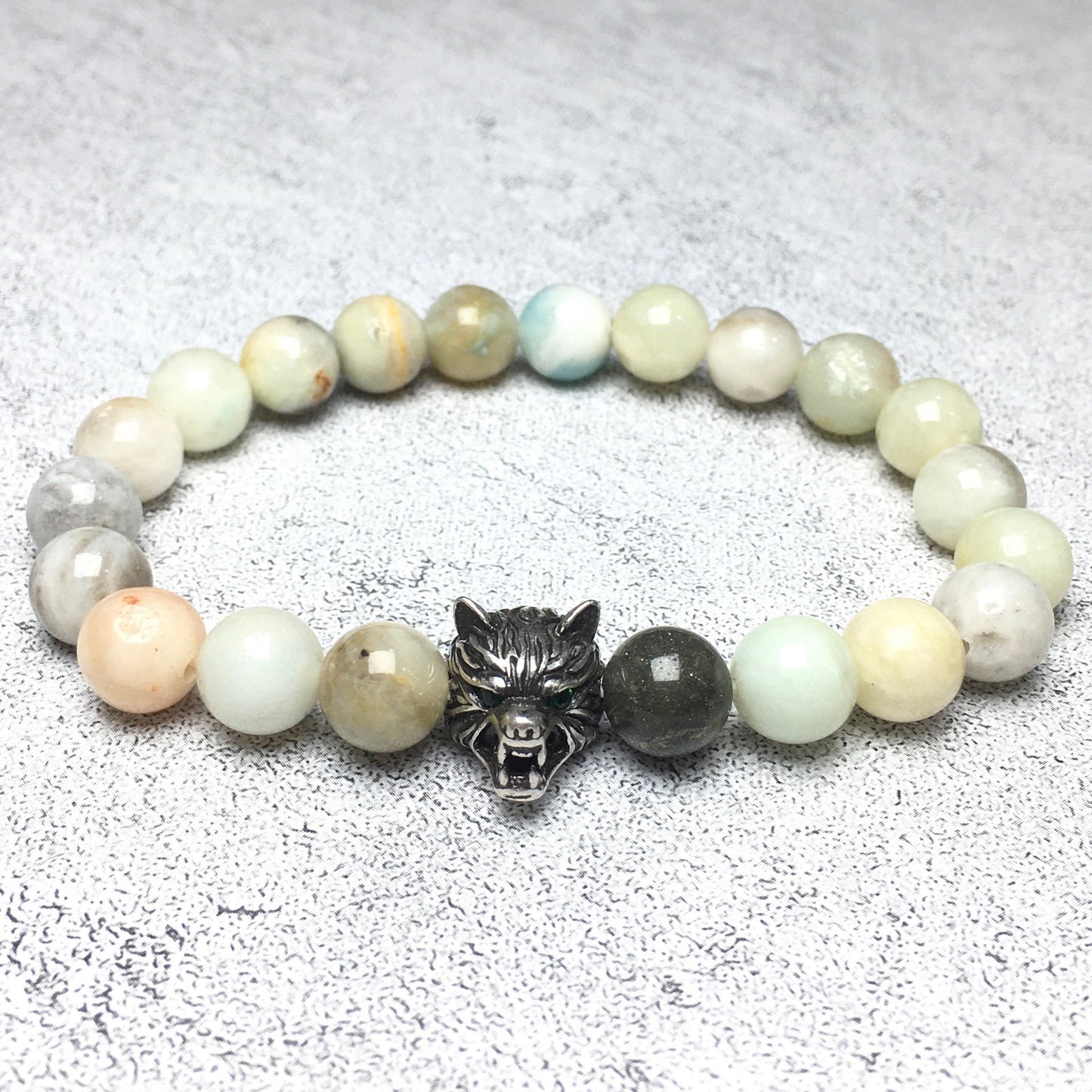 Natural Amazonite Gemstone with Wolf Charm Spacer Bracelets Elastic Stretch Bracelet