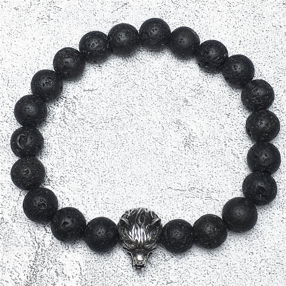 Natural Lava Stone Gemstone with Wolf Charm Spacer Bracelets Elastic Stretch Bracelet