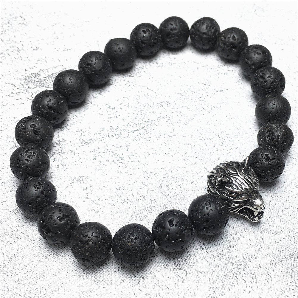 Natural Lava Stone Gemstone with Wolf Charm Spacer Bracelets Elastic Stretch Bracelet