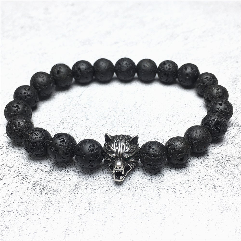 Natural Lava Stone Gemstone with Wolf Charm Spacer Bracelets Elastic Stretch Bracelet