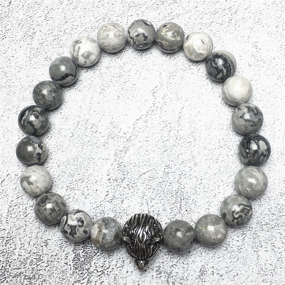 Natural Map Stone Gemstone with Wolf Charm Spacer Bracelets Elastic Stretch Bracelet