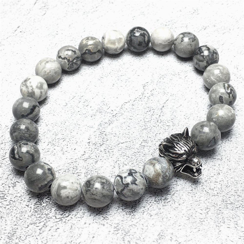 Natural Map Stone Gemstone with Wolf Charm Spacer Bracelets Elastic Stretch Bracelet