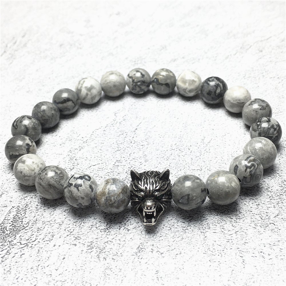 Natural Map Stone Gemstone with Wolf Charm Spacer Bracelets Elastic Stretch Bracelet