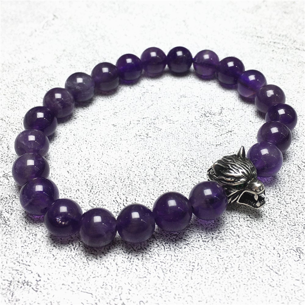 Natural Amethyst Gemstone with Wolf Charm Spacer Bracelets Elastic Stretch Bracelet