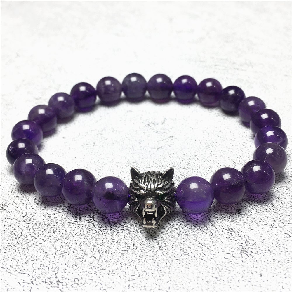 Natural Amethyst Gemstone with Wolf Charm Spacer Bracelets Elastic Stretch Bracelet