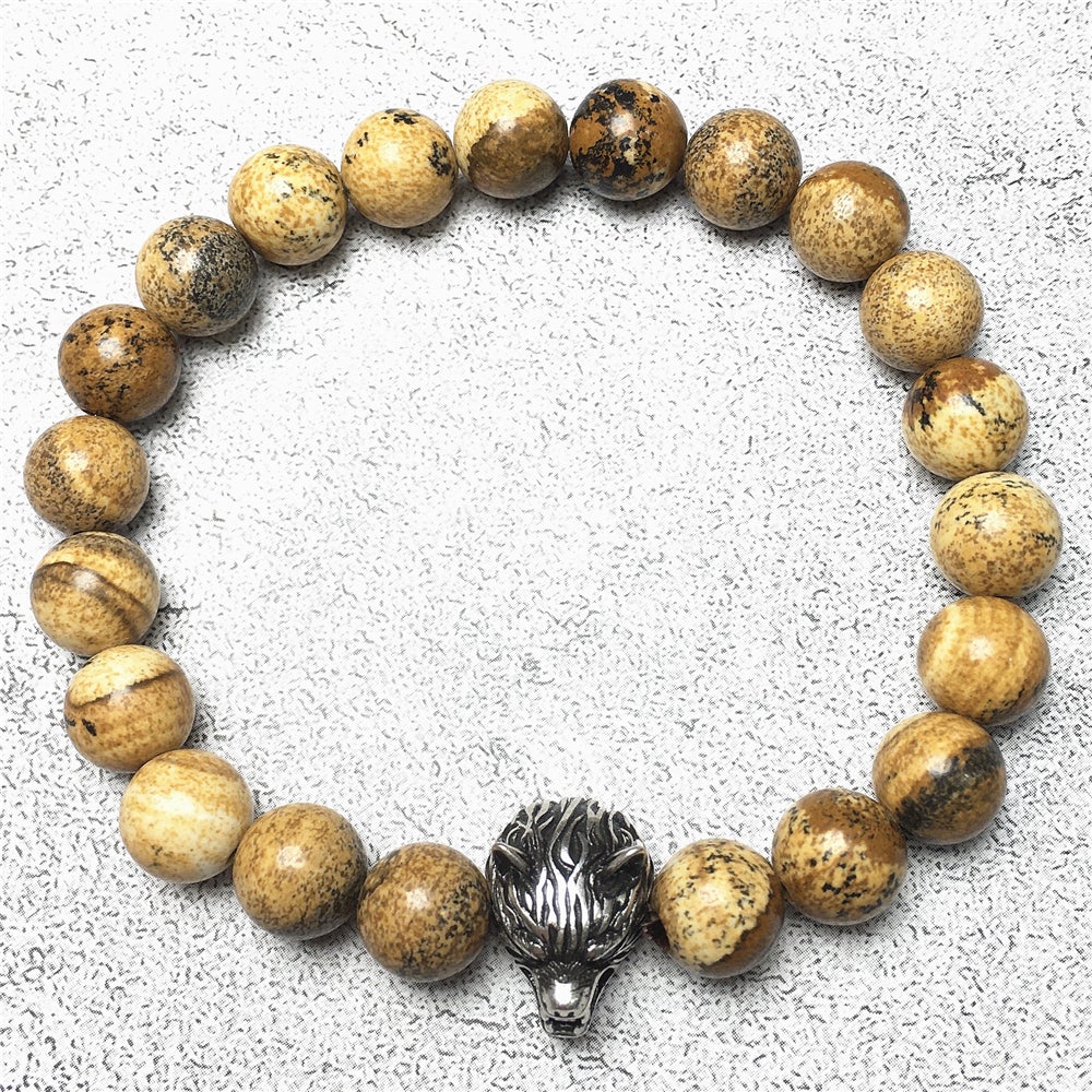 Natural Picture Jasper Gemstone with Wolf Charm Spacer Bracelets Elastic Stretch Bracelet