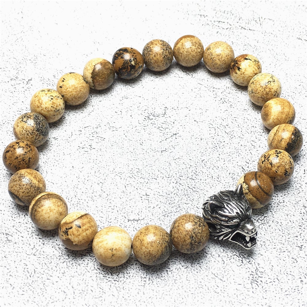 Natural Picture Jasper Gemstone with Wolf Charm Spacer Bracelets Elastic Stretch Bracelet
