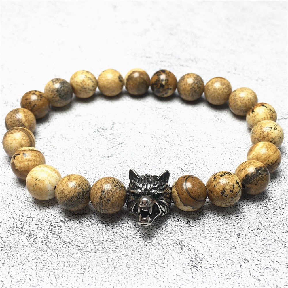 Natural Picture Jasper Gemstone with Wolf Charm Spacer Bracelets Elastic Stretch Bracelet