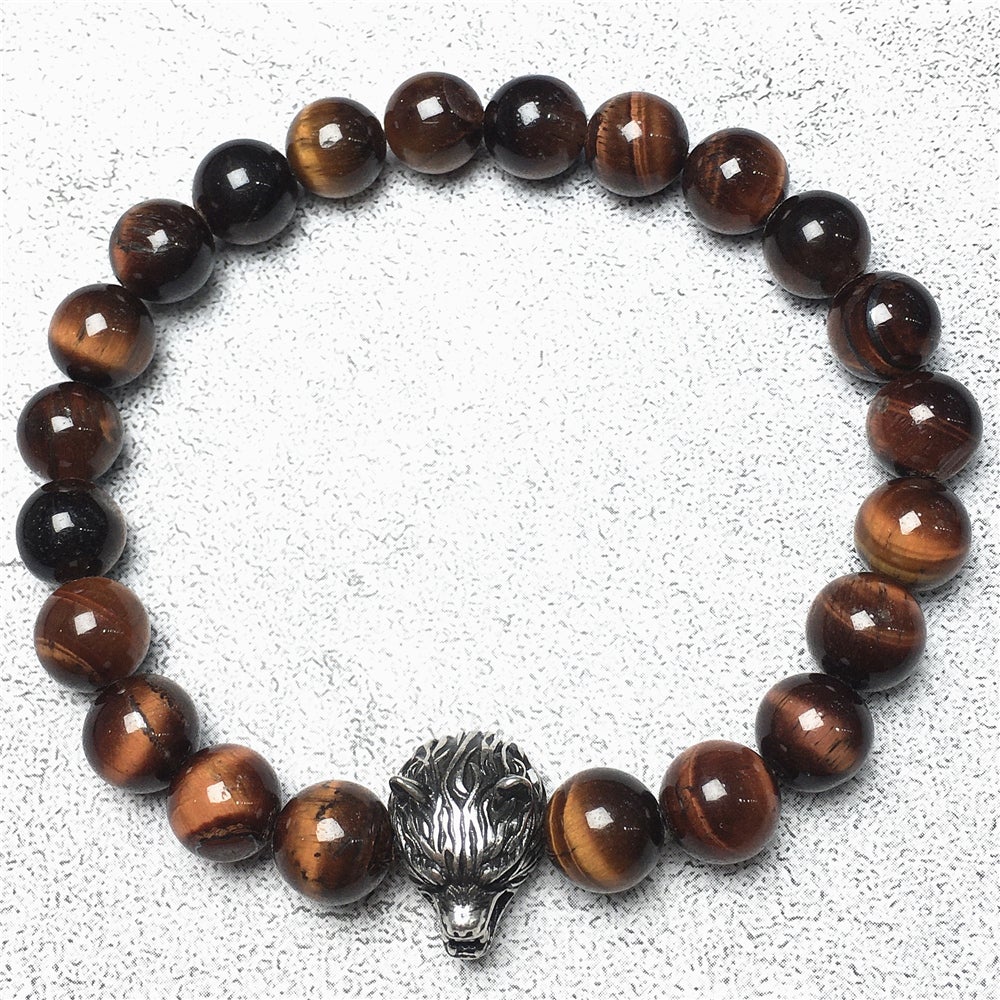 Natural Red Tiger Eyes Gemstone with Wolf Charm Spacer Bracelets Elastic Stretch Bracelet