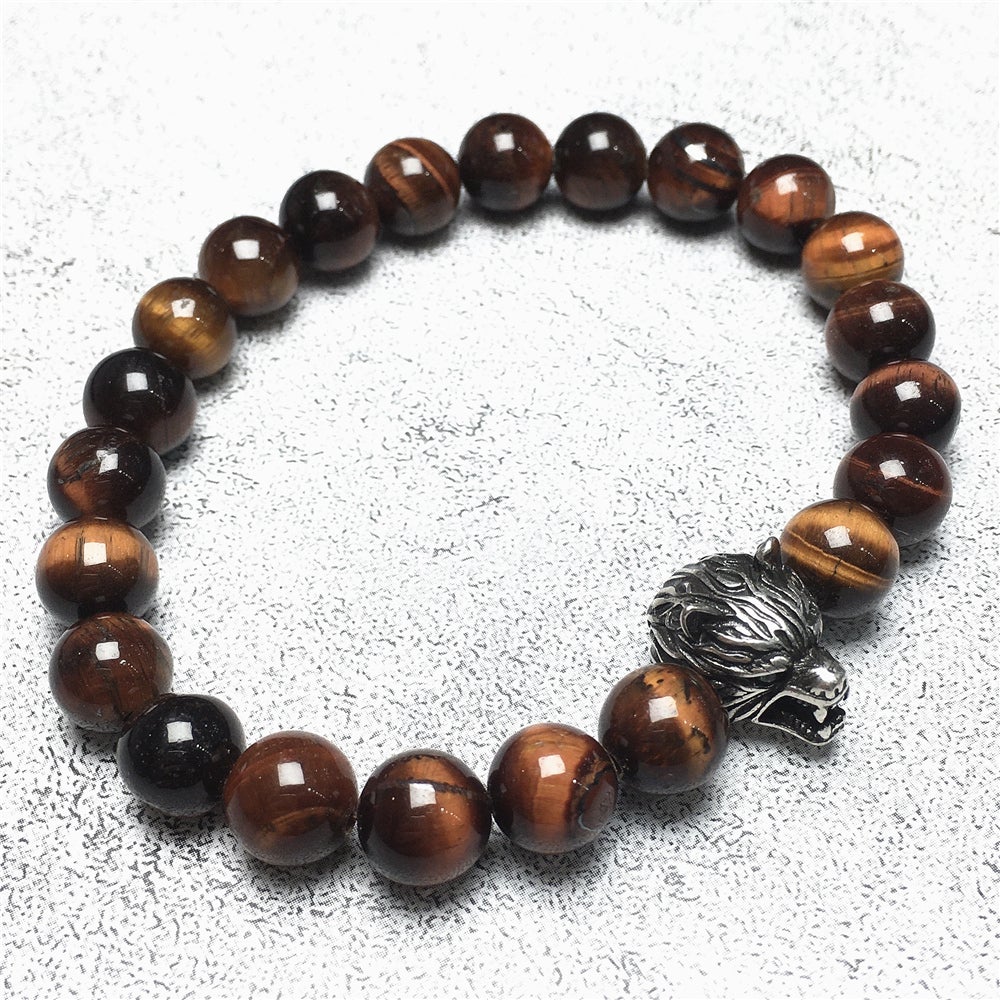 Natural Red Tiger Eyes Gemstone with Wolf Charm Spacer Bracelets Elastic Stretch Bracelet