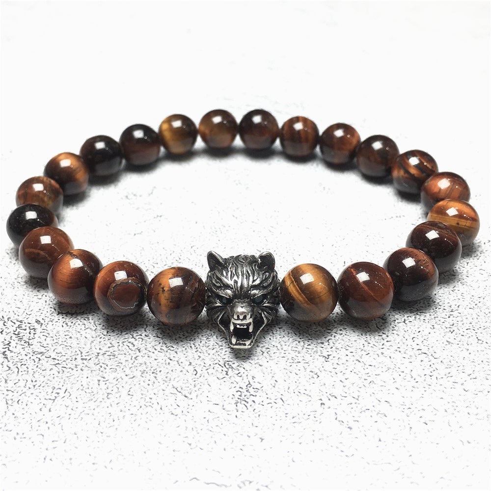 Natural Red Tiger Eyes Gemstone with Wolf Charm Spacer Bracelets Elastic Stretch Bracelet