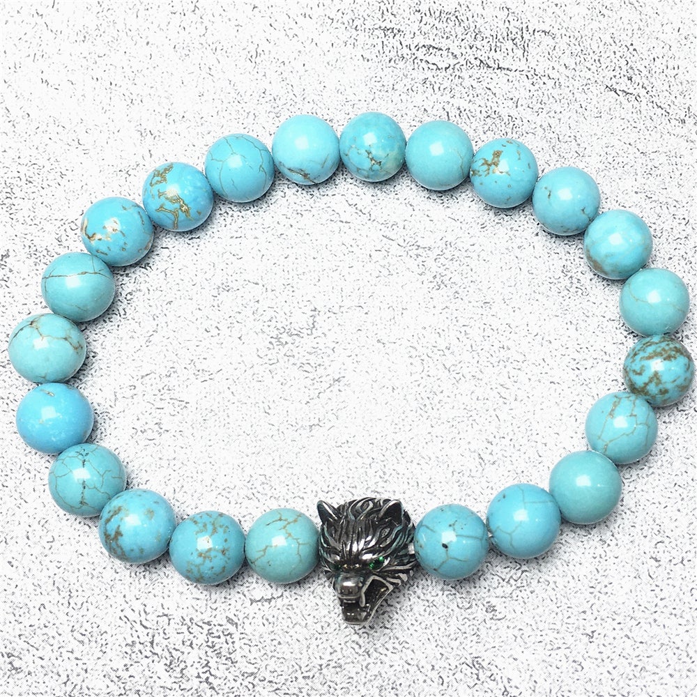 Natural Blue Turquoise Gemstone with Wolf Charm Spacer Bracelets Elastic Stretch Bracelet