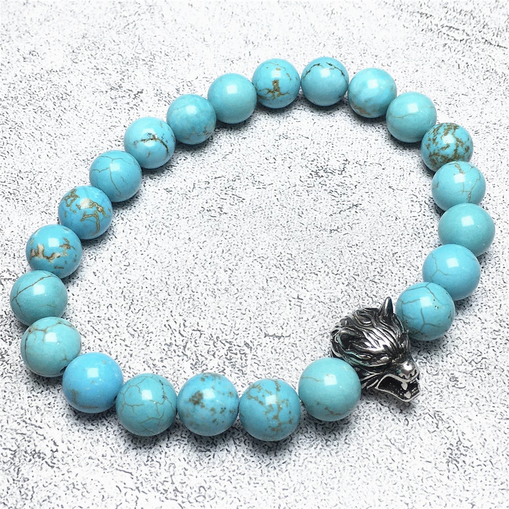 Natural Blue Turquoise Gemstone with Wolf Charm Spacer Bracelets Elastic Stretch Bracelet