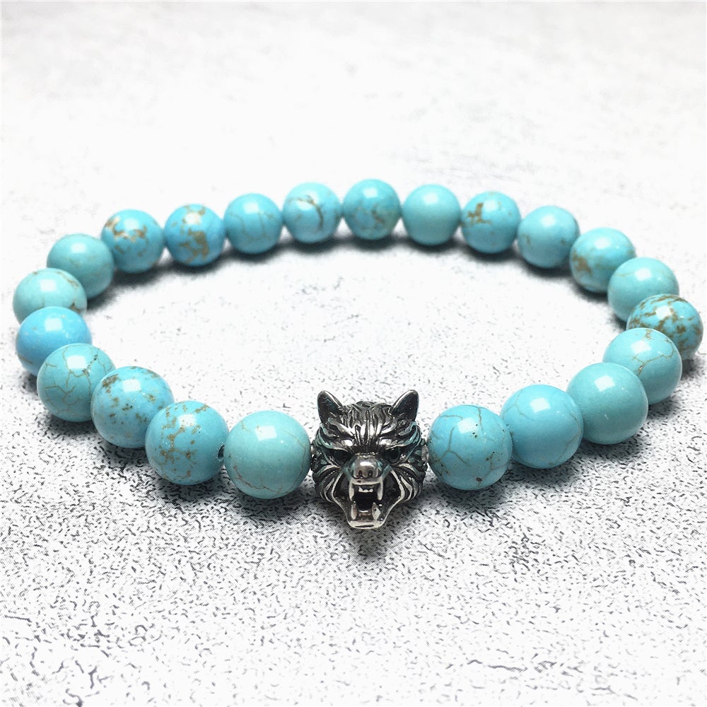 Natural Blue Turquoise Gemstone with Wolf Charm Spacer Bracelets Elastic Stretch Bracelet