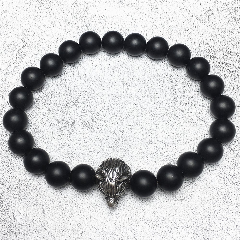 Natural Matte Onyx Gemstone with Wolf Charm Spacer Bracelets Elastic Stretch Bracelet