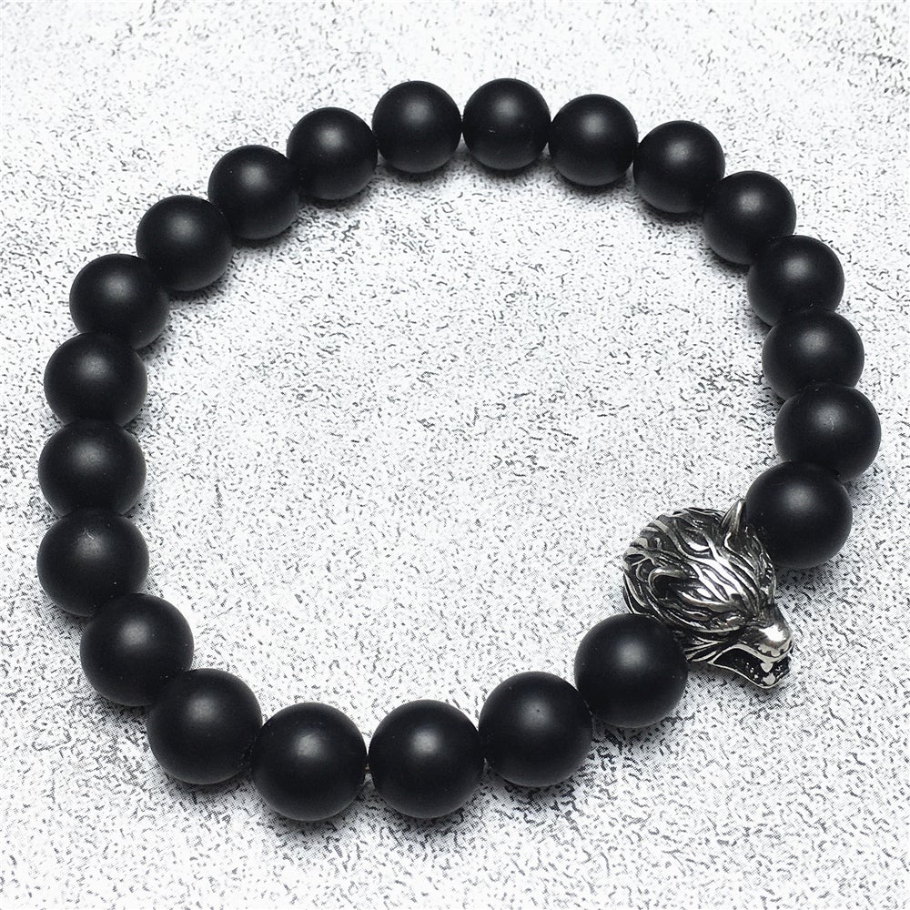 Natural Matte Onyx Gemstone with Wolf Charm Spacer Bracelets Elastic Stretch Bracelet