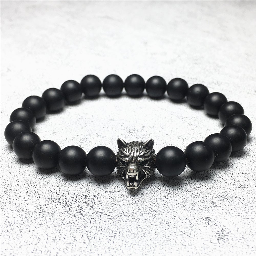 Natural Matte Onyx Gemstone with Wolf Charm Spacer Bracelets Elastic Stretch Bracelet