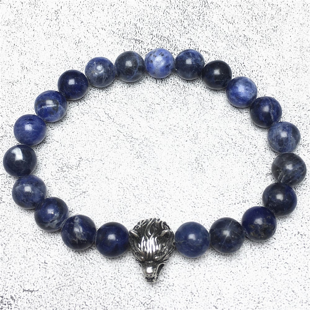 Natural Blue Sodalite Gemstone with Wolf Charm Spacer Bracelets Elastic Stretch Bracelet