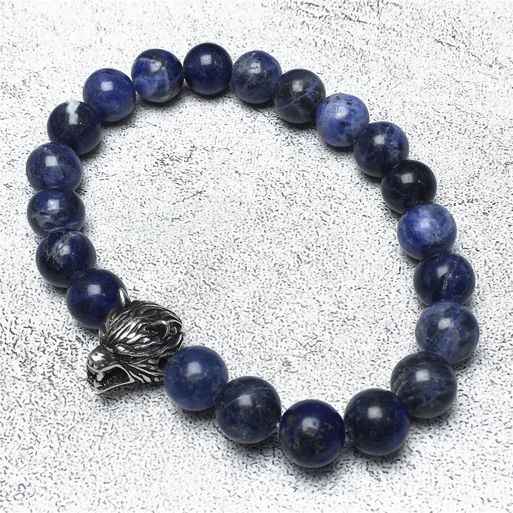 Natural Blue Sodalite Gemstone with Wolf Charm Spacer Bracelets Elastic Stretch Bracelet