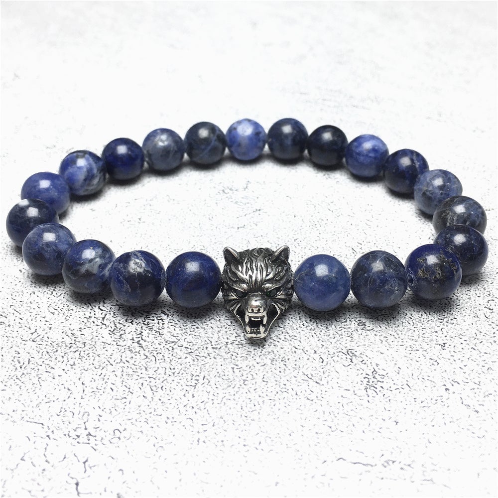 Natural Blue Sodalite Gemstone with Wolf Charm Spacer Bracelets Elastic Stretch Bracelet